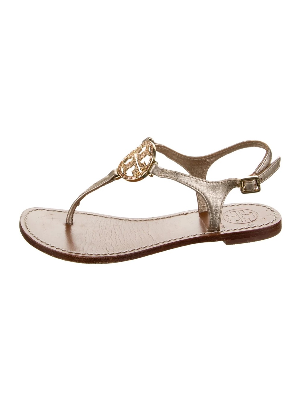 Tory Burch Metallic Crystal Embellished Logo T-Strap Sandals 8